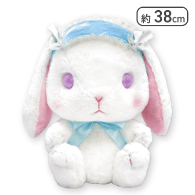 Bunny Plush Doll, White with Blue Bow, Big Size, 16 Inches