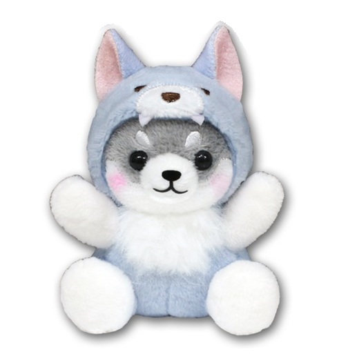 Shiba Dog Plushie with Blue Wolf Kigu, Standard Size, Grey, 5 Inches