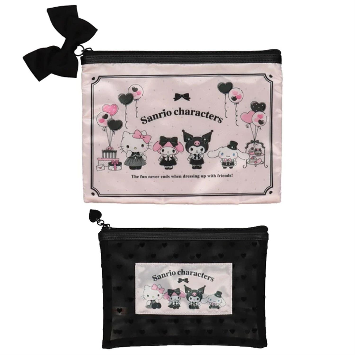 Sanrio Characters Flat Pouch Set of 2, Moonlit Night, Black & Pink, Sanrio