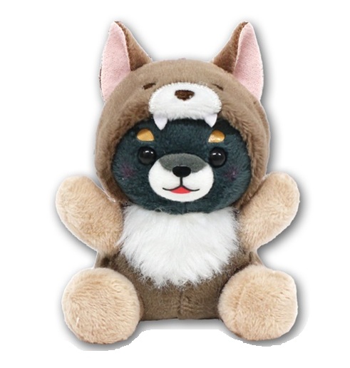 Shiba Dog Plushie with Brown Wolf Kigu, Standard Size, Black, 5 Inches