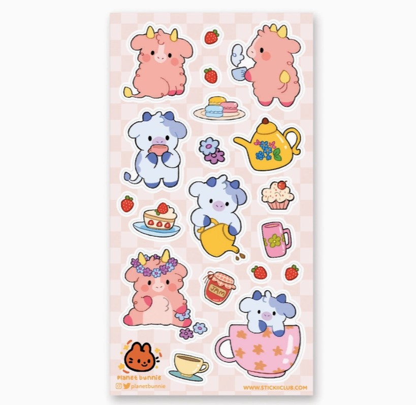 Kawaii Cow Tea Party Sticker Sheet